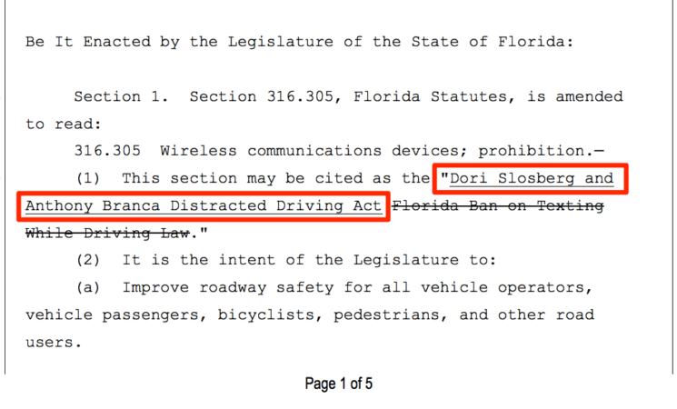 Dori Slosberg and Anthony Branca Distracted Driving Act