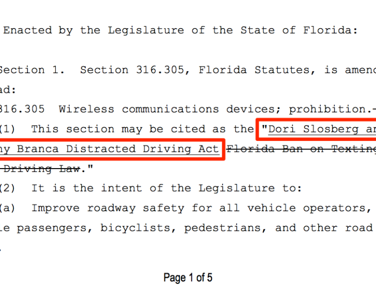 Dori Slosberg and Anthony Branca Distracted Driving Act